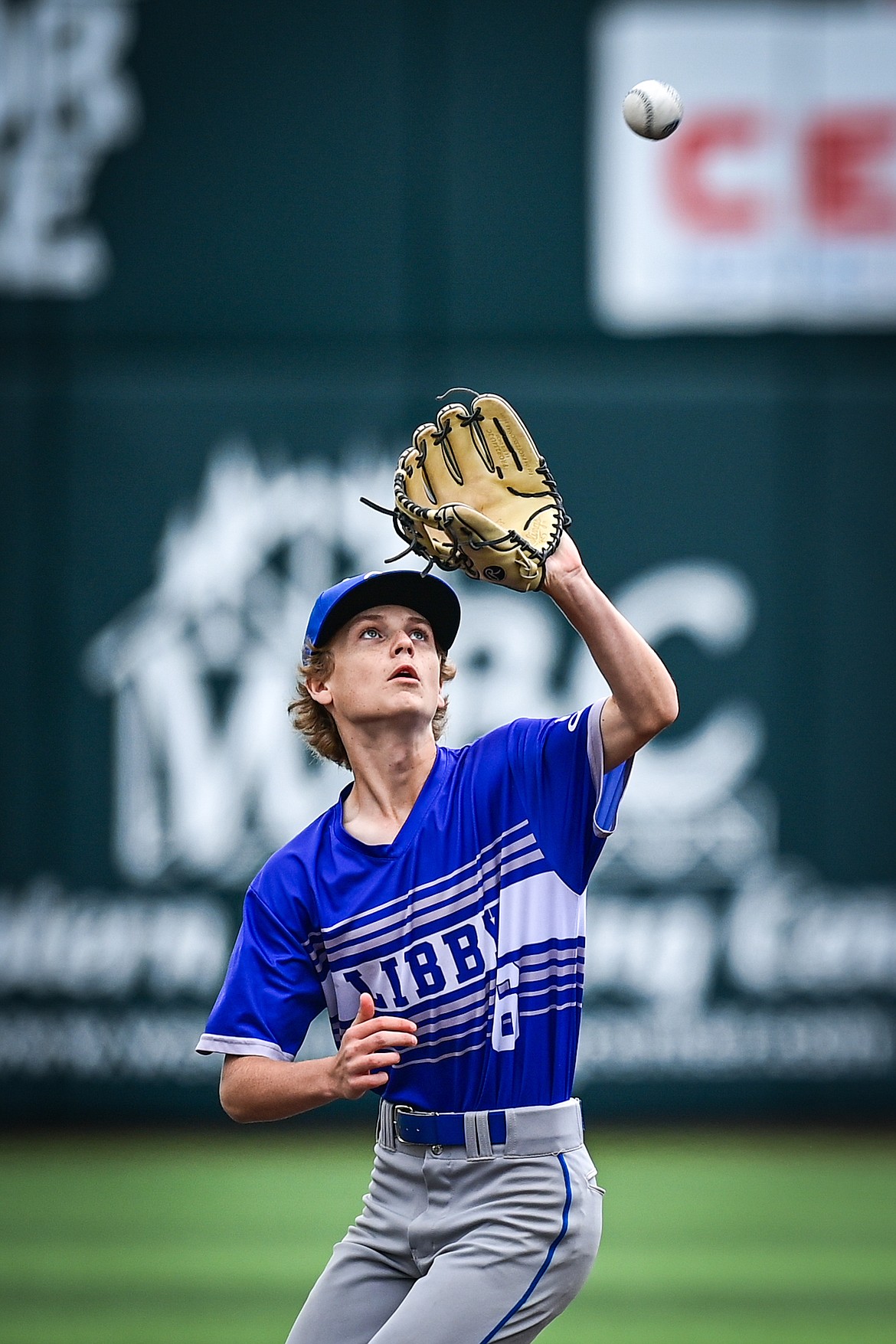 Libby second baseman Carson Wolgamott (6) makes a catch in the infield for an out against Badrock during the Badrock Invitational at Glacier Bank Park on Thursday, June 27. (Casey Kreider/Daily Inter Lake)