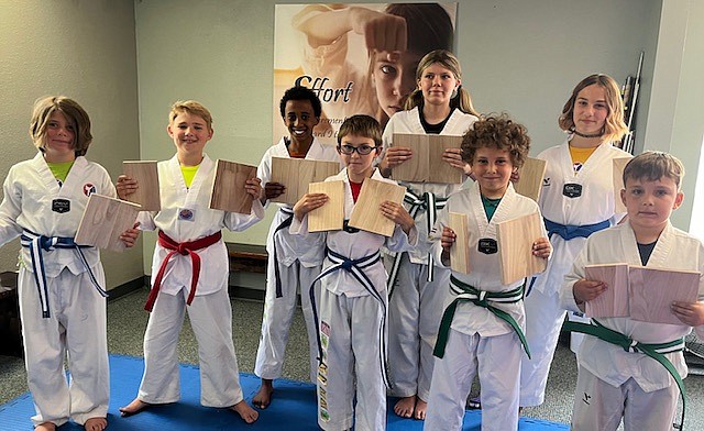 Back row, from left are Dominic Cipriano (Blue Stripe Belt), Ezra Mayer (Red Belt), Fetira Allshouse (Purple Stripe Belt), Serenity Inman (Green Stripe Belt), Kali Cipriano (Blue Belt). Front row, from left are Levi Batchelor (Blue Stripe Belt), Wiley Talbot (Green Stripe Belt) and Roman Inman (Green Stripe Belt).