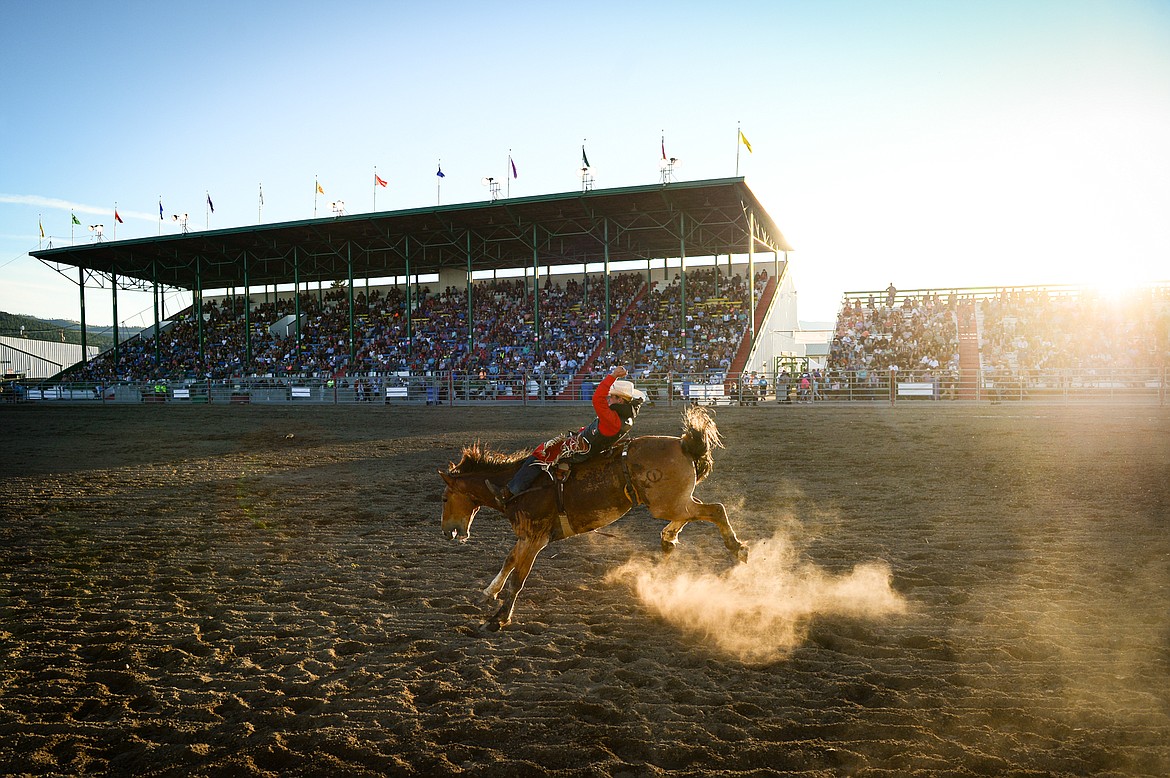 A horse and rider compete during bareback riding at the Northwest Montana Fair & Rodeo on Saturday, Aug. 22, 2020. (Casey Kreider/Daily Inter Lake)