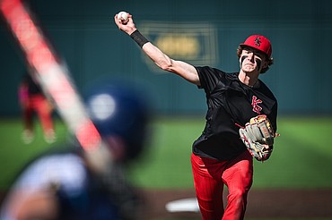 Kalispell Sluggers pitcher Cooper Pelc (8) delivers against the Federal Way Knights during the Badrock Invitational at Glacier Bank Park on Friday, June 28. (Casey Kreider/Daily Inter Lake)