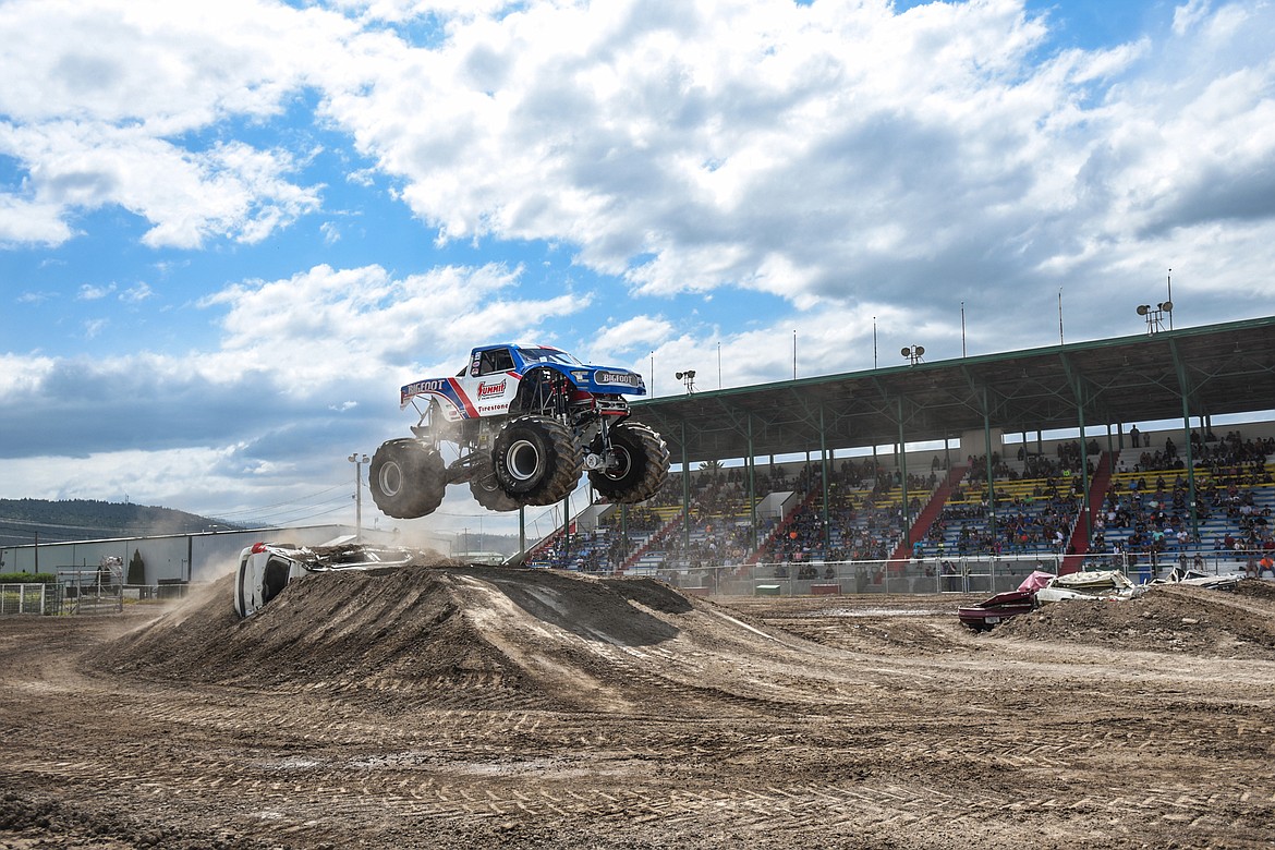 Bigfoot clears a jump during a No Limits Monster Trucks show at the Flathead County Fairgrounds on Saturday, June 13. (Casey Kreider/Daily Inter Lake)