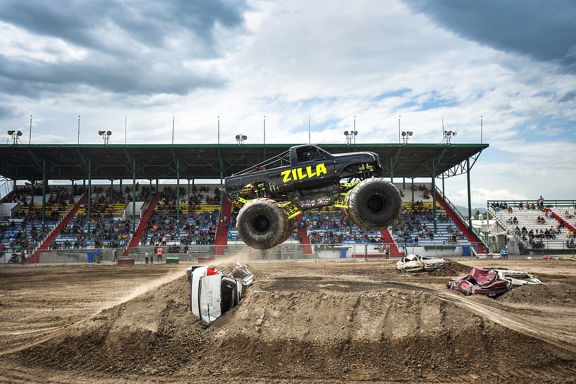 Zilla flies over a jump during a No Limits Monster Trucks show at the Flathead County Fairgrounds on Saturday, June 13. (Casey Kreider/Daily Inter Lake)