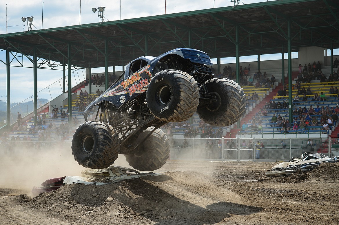 Trouble Maker clears a jump during a No Limits Monster Trucks show at the Flathead County Fairgrounds on Saturday, June 13. Casey Kreider/Daily Inter Lake)