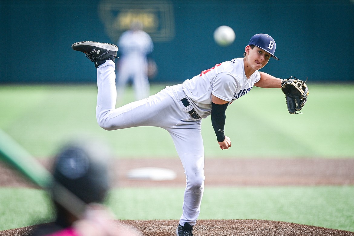 Badrock starting pitcher Reyd Hobart (24) delivers against the Kalispell Sluggers 15U/16U during the Badrock Invitational at Glacier Bank Park on Saturday, June 29. (Casey Kreider/Daily Inter Lake)