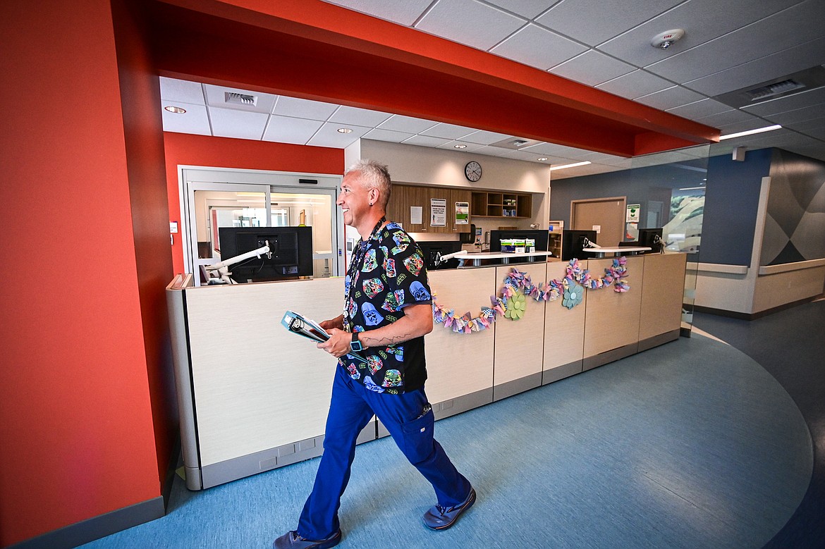 Registered nurse Josh Taylor makes his rounds at Logan Health Children's in Kalispell on Friday, June 28. (Casey Kreider/Daily Inter Lake)