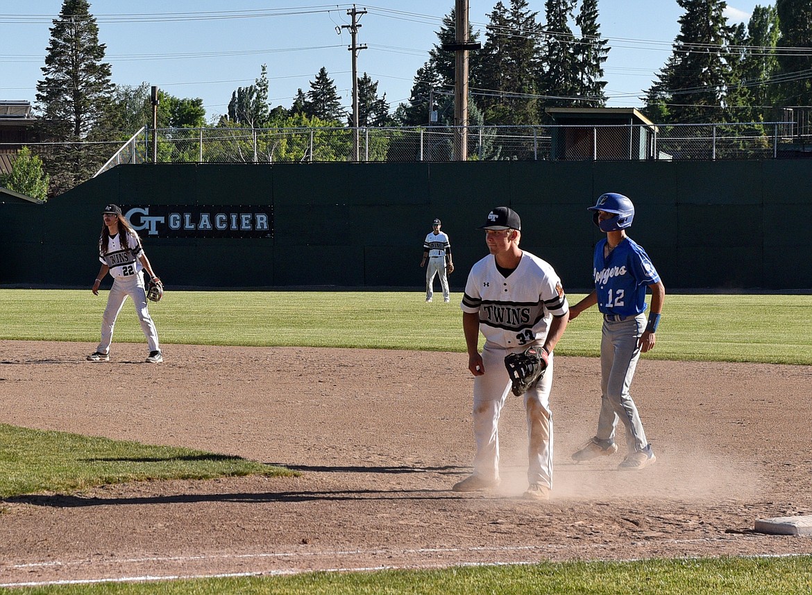 Second baseman Jake McIntyre and Treyson Murphy at the game vs. A Libby Loggers June 25. (Kelsey Evans/Whitefish Pilot)