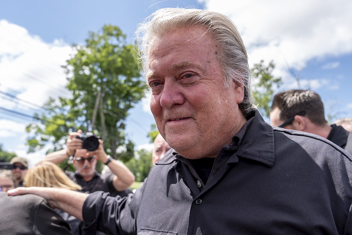 Steve Bannon arrives to speak outside Danbury Federal Correctional Institution, Monday, July 1, 2024, in Danbury, Conn. Bannon was taken into custody after surrendering at the federal prison to begin a four-month sentence on contempt charges for defying a subpoena in the congressional investigation into the U.S. Capitol attack. (AP Photo/Julia Nikhinson)