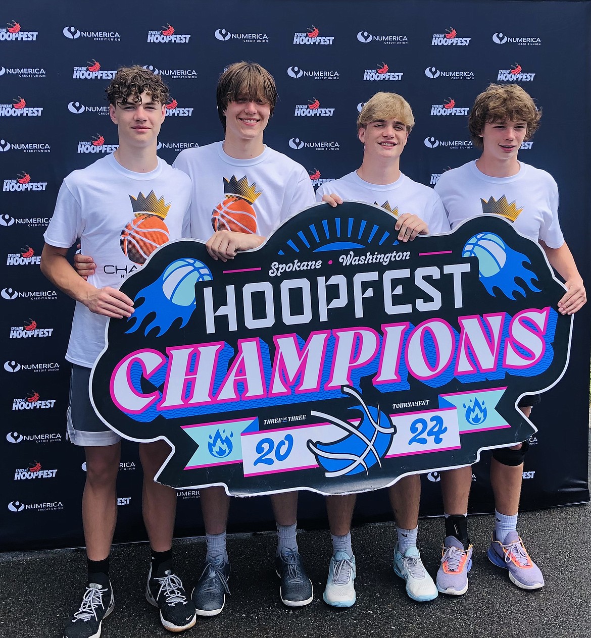 Courtesy photo
Team Showtime of Coeur d'Alene went 5-0 to win its bracket in the high school boys division at Hoopfest last weekend in downtown Spokane. From left are Britton Johnston, Marek Parson, Caden Tony and Ryan Salsbury.