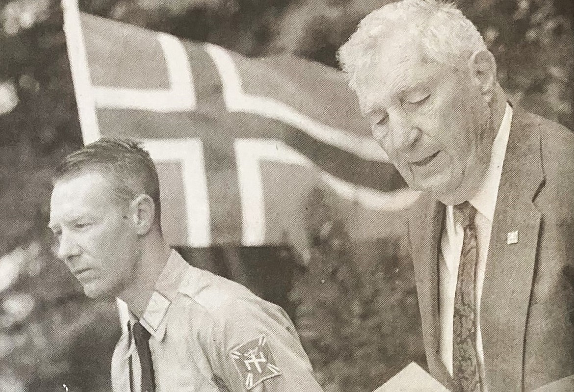 Aryan Nations founder Richard Butler, right, and security guard Michael Teague announced plans to march in downtown Coeur d’Alene in 1999.