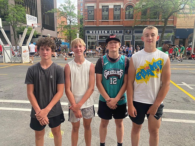 From left Priest River's Kane Berns, Madden Redinger, Blake Smith and Bentley Stalder of team Nothin' but Net reached the championship in their bracket at Hoopfest this past weekend. The boys lost their first matchup and then won six straight games before falling just one point short in the title match.