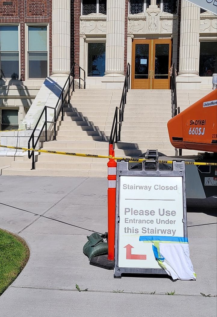 The front stairs are closed while repairs are completed to the entrance of the Grant County Courthouse. Another entrance is available underneath the staircase or on the opposite side of the building between the courthouse and jail.