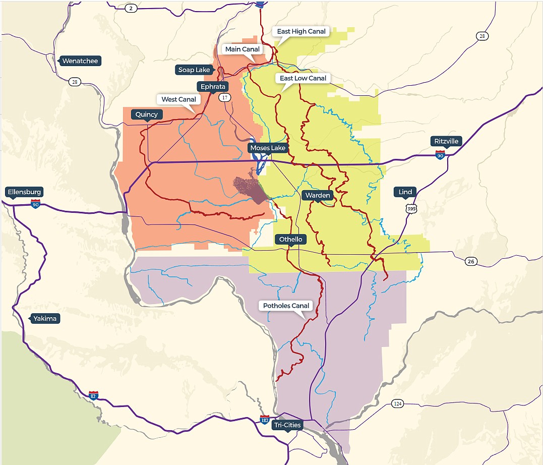 A map and graphic from the Columbia Basin Development League website showing the cities, canals and coverage areas of the Columbia Basin Project. The red highlights portion shows the Quincy-Columbia Basin Irrigation District, the purple highlights the South Columbia Basin Irrigation District and the yellow section is the East Columbia Basin Irrigation District, including the Odessa Subarea.