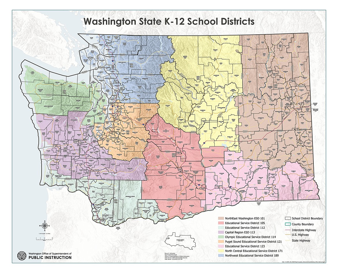 Highlighted in red is the region Educational Service District 105 serves, including 25 school districts. The yellow area is the area NCESD serves, including 29 different school districts across Chelan, Douglas, Grant and Okanogan counties. In pink is ESD 123 and its 23 school districts in seven different counties.