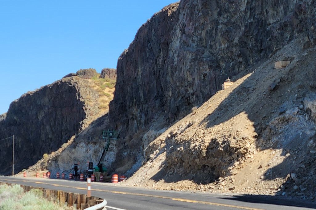 Road construction machinery being used for a State Route 17 slope stabilization project just north of Soap Lake is parked over the week of July 4, but crews will be back working Monday. The goal of the project is to remove loose rock or rock that may become loose due to erosion to improve safety.