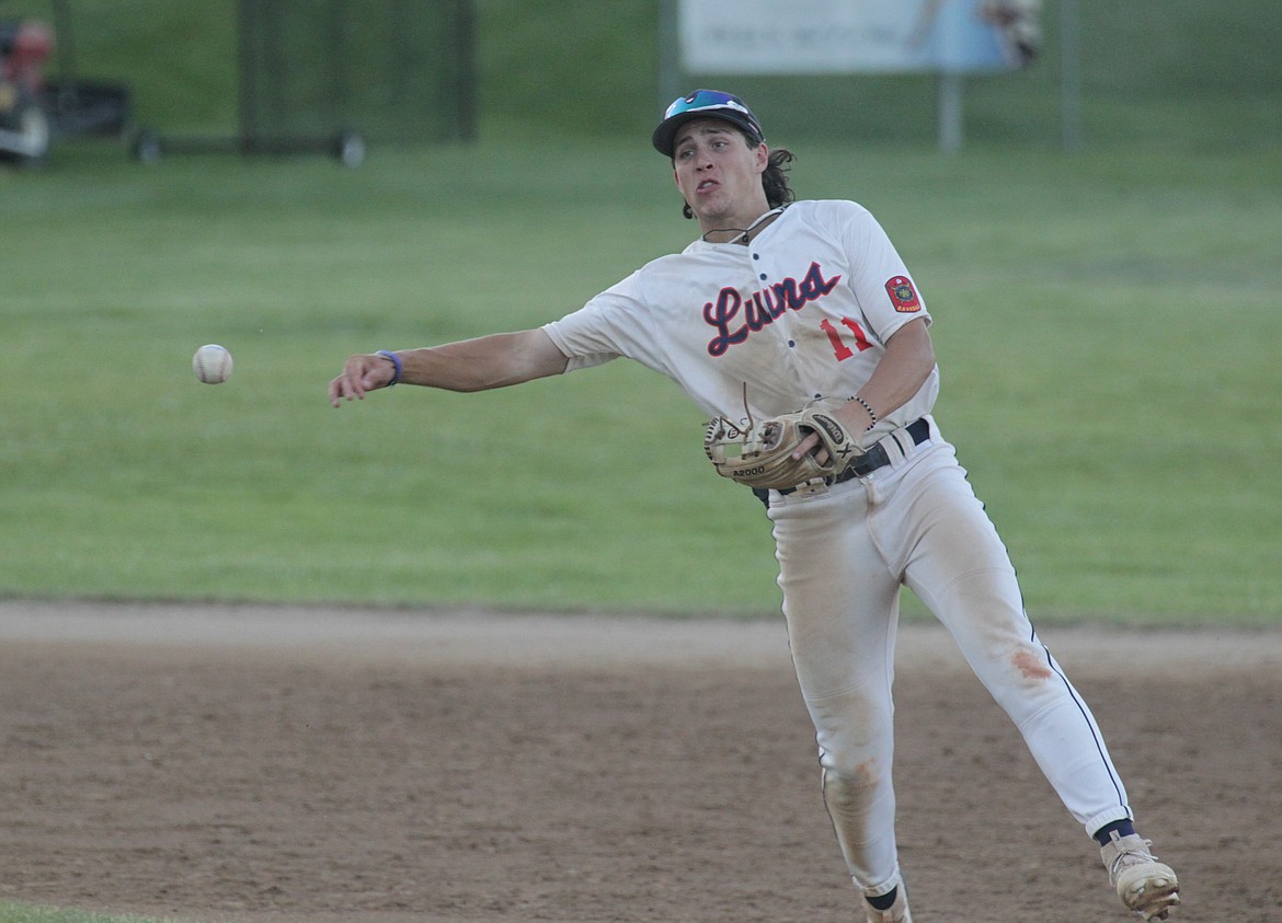 MARK NELKE/Press
Shortstop Ty Shepard of the Coeur d'Alene Lumbermen 19U throws to first base during Friday night's game against the North Idaho Lakers 19U at the Spokane/Coeur d'Alene Wood Bat Classic at Thorco Field in Coeur d'Alene.