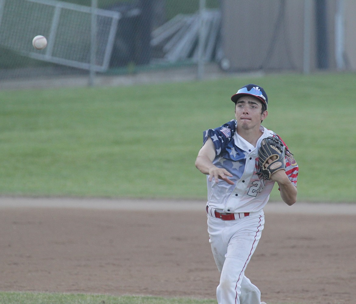 Second baseman Chase Sanroman of the 19U North Idaho Lakers throws to first base against the Coeur d'Alene Lumbermen 19U at the Spokane-Coeur d'Alene Wood Bat Classic on Friday night at Thorco Field in Coeur d'Alene.