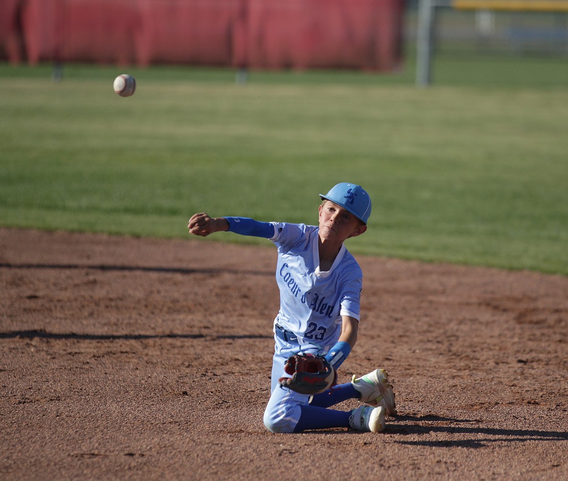 MARK NELKE/Press
Coeur d'Alene second baseman Brody Williams throws to first base from his knees for the out against Sandpoint in a Little League (12U) District 1 tournament game Saturday at Croffoot Park in Sandpoint.