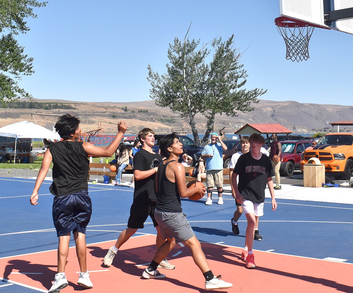 Jairo Lopez of Soap Lake gets ready to take a shot at the Suds ‘N Sun 3-on-3 basketball tournament Saturday morning.