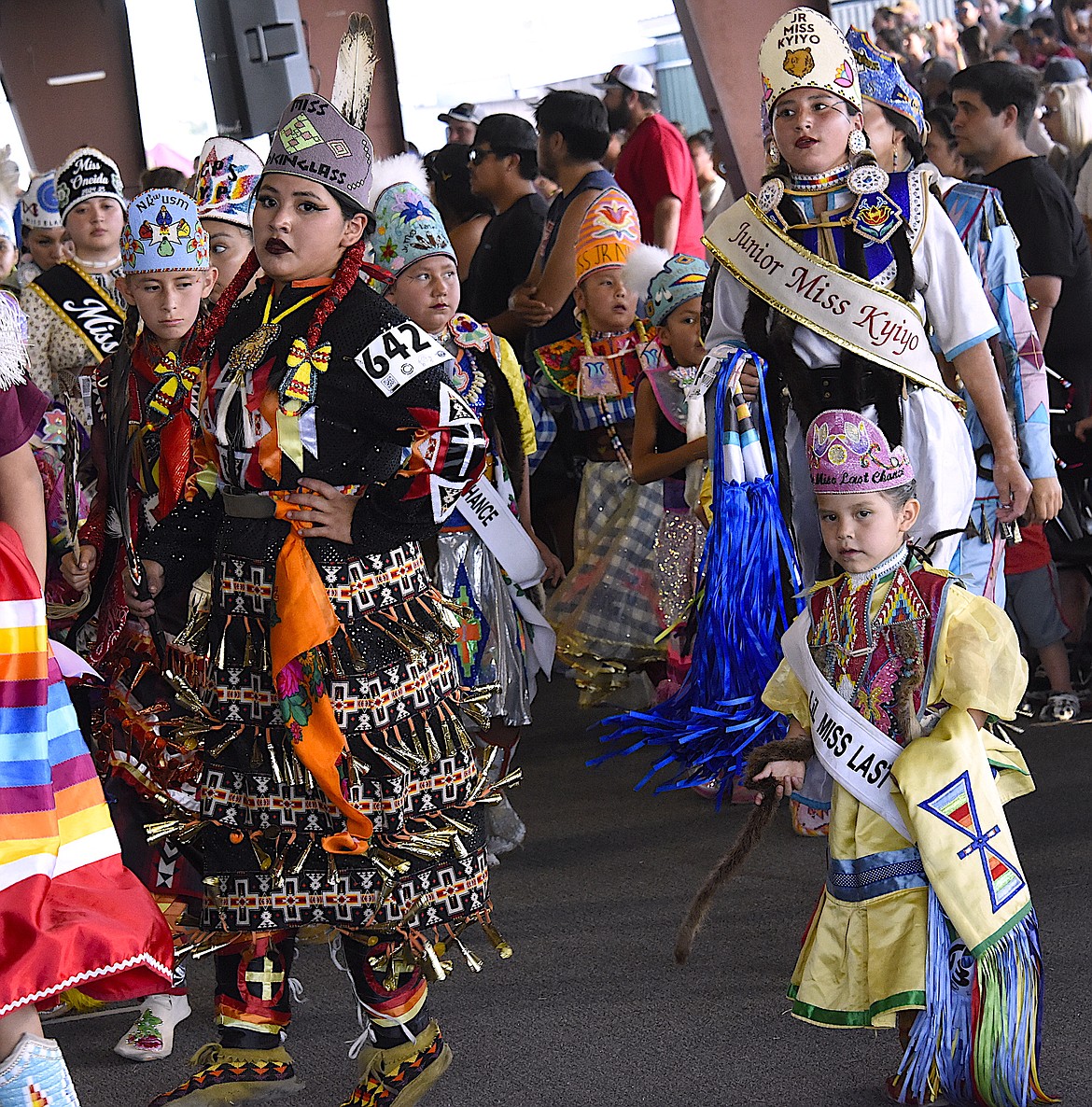 Royalty from the Arlee Celebration and other powwows wait their turn for the grand entry. (Berl Tiskus/Leader)