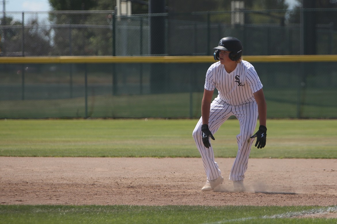 Central Washington Sixer Jacoby Fulbright, leads off of first base during a game on June 28 in Moses Lake. Fulbright drove in three runs in each of Central Washington’s three pool play games this weekend.