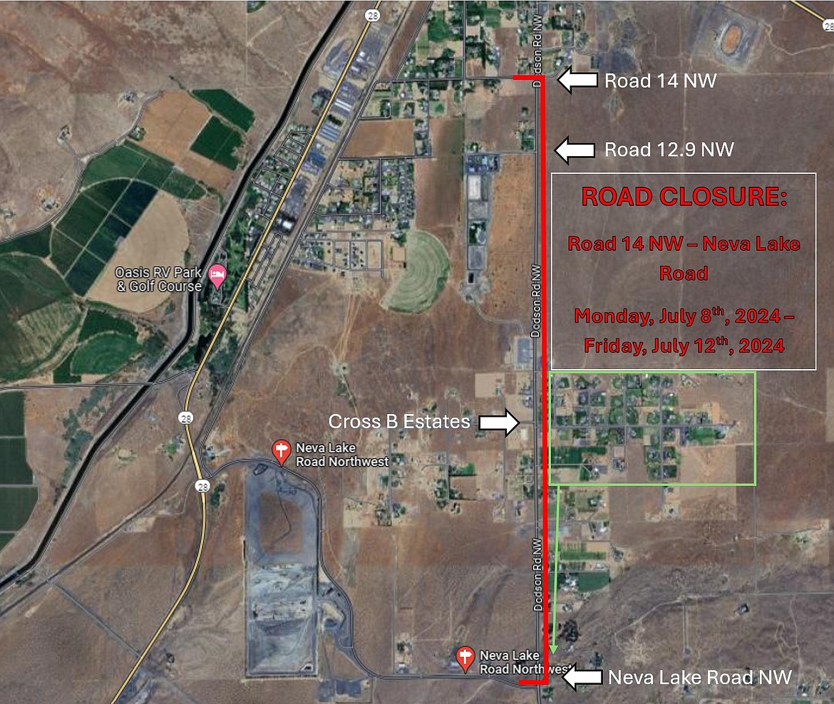 The city of Ephrata has put out a notice that portions of Dodson Road will be closed due to water system work through Friday.