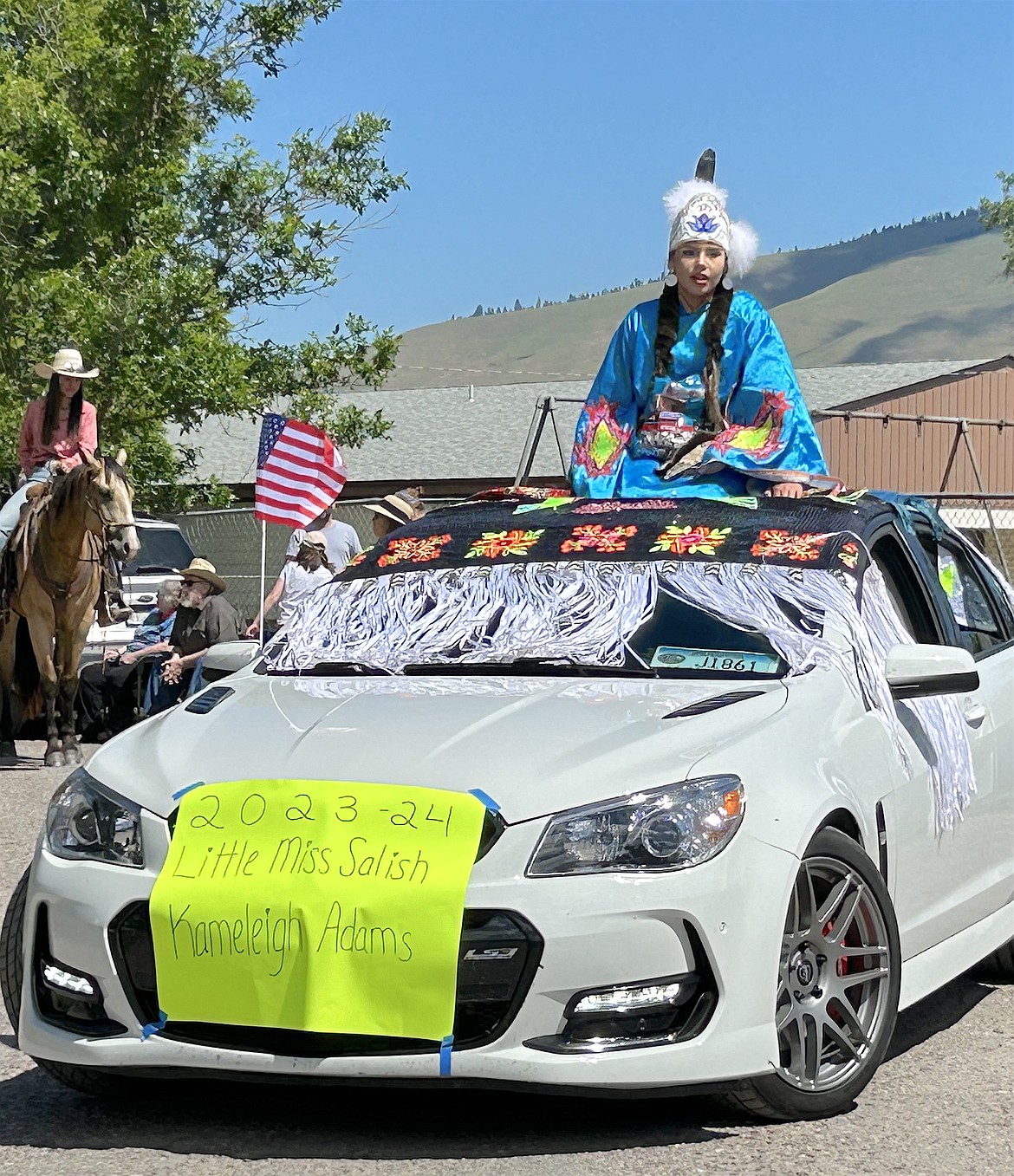 Little Miss Salish Kameleigh Adams won the youth award in the Native American Outfits catgory at Arlee's Fourth of July parade. (Arlee Parade Committee photo)