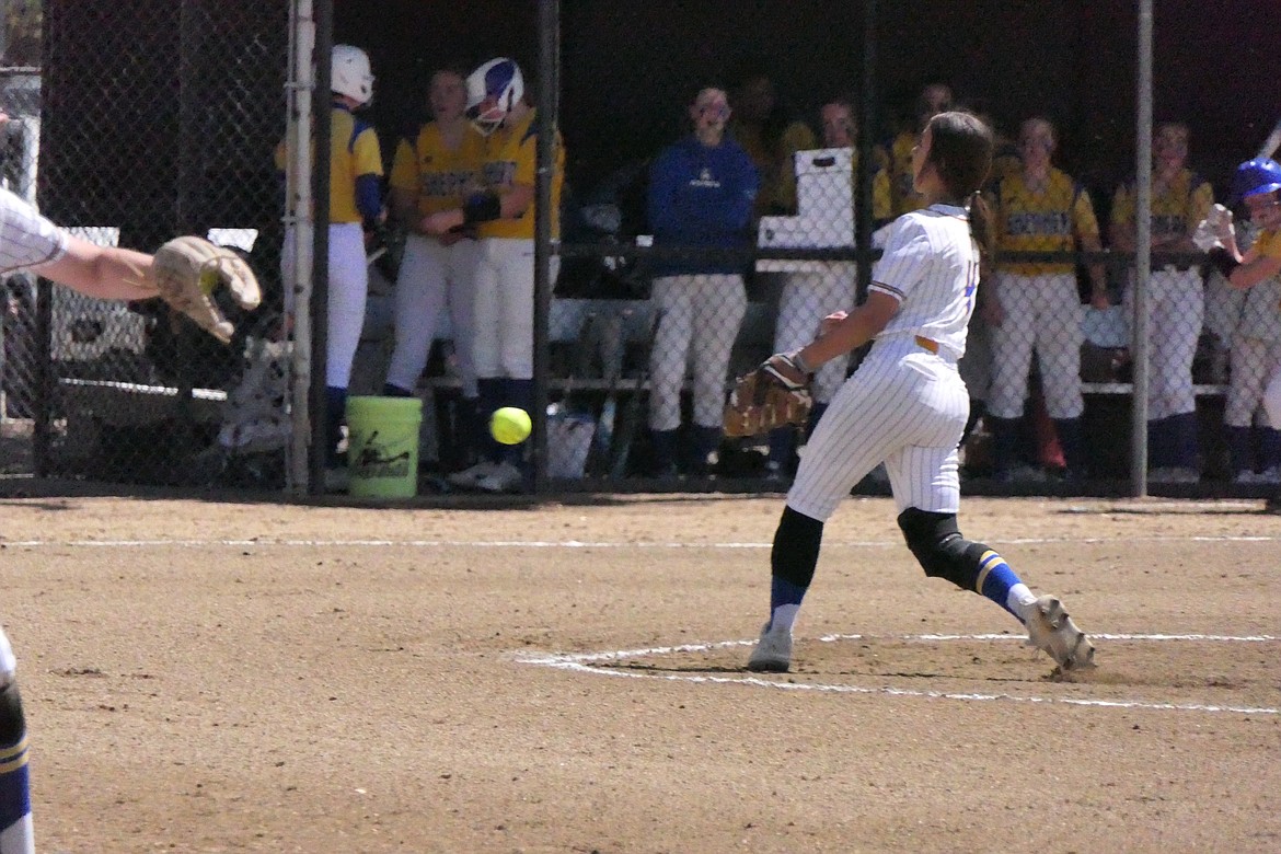 Olivia Fitchett winds and fires during a state tournament game in Billings this past May. Fitchett and Sarah Koskela were named to the Belgrade Veterans Memorial Classic July 26-27 in Belgrade. (Chuck Bandel/VP-MI)