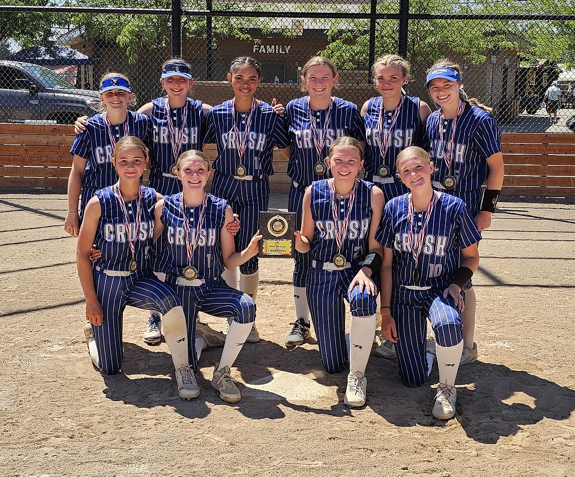 Courtesy photo
The Coeur d'Alene Crush 14U fastpitch softball team won the White Bracket at the Fourth of July Shootout last weekend in Spokane with a 4-0-1 record. The Crush heads to Boise this weekend for the Idaho state tournament. In the front row from left are Ada Blakemore, Molly Nelson, Maddy Pratt and Madeline Peterson; and back row from left, Macy Waterhouse, Paityn Froman, Jaiden Corbey, Jenna Davenport, Reese Vanek and Olivia Watt.