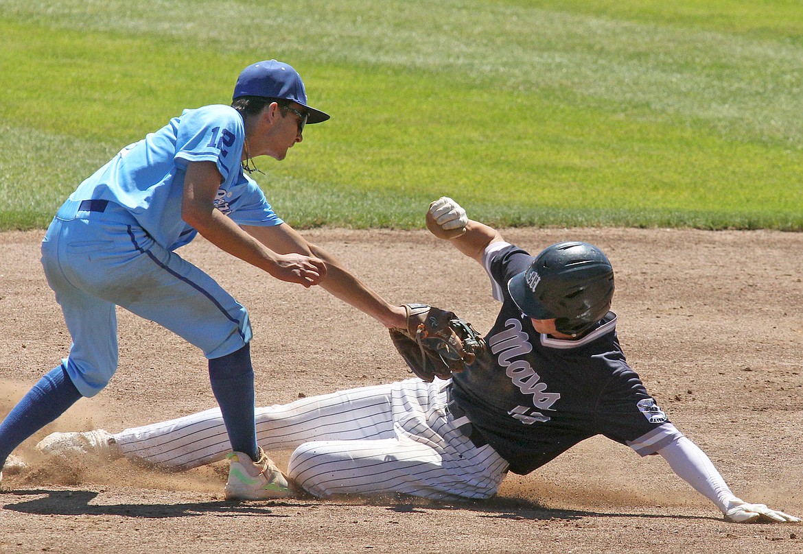 Libby Loggers shortstop Aidan Rose puts the tag on Missoula's Stellan Ridley for the first out in the top of the second inning in Sunday's nightcap vs. the Mavericks. Missoula won, 19-7. (Paul Sievers/The Western News)