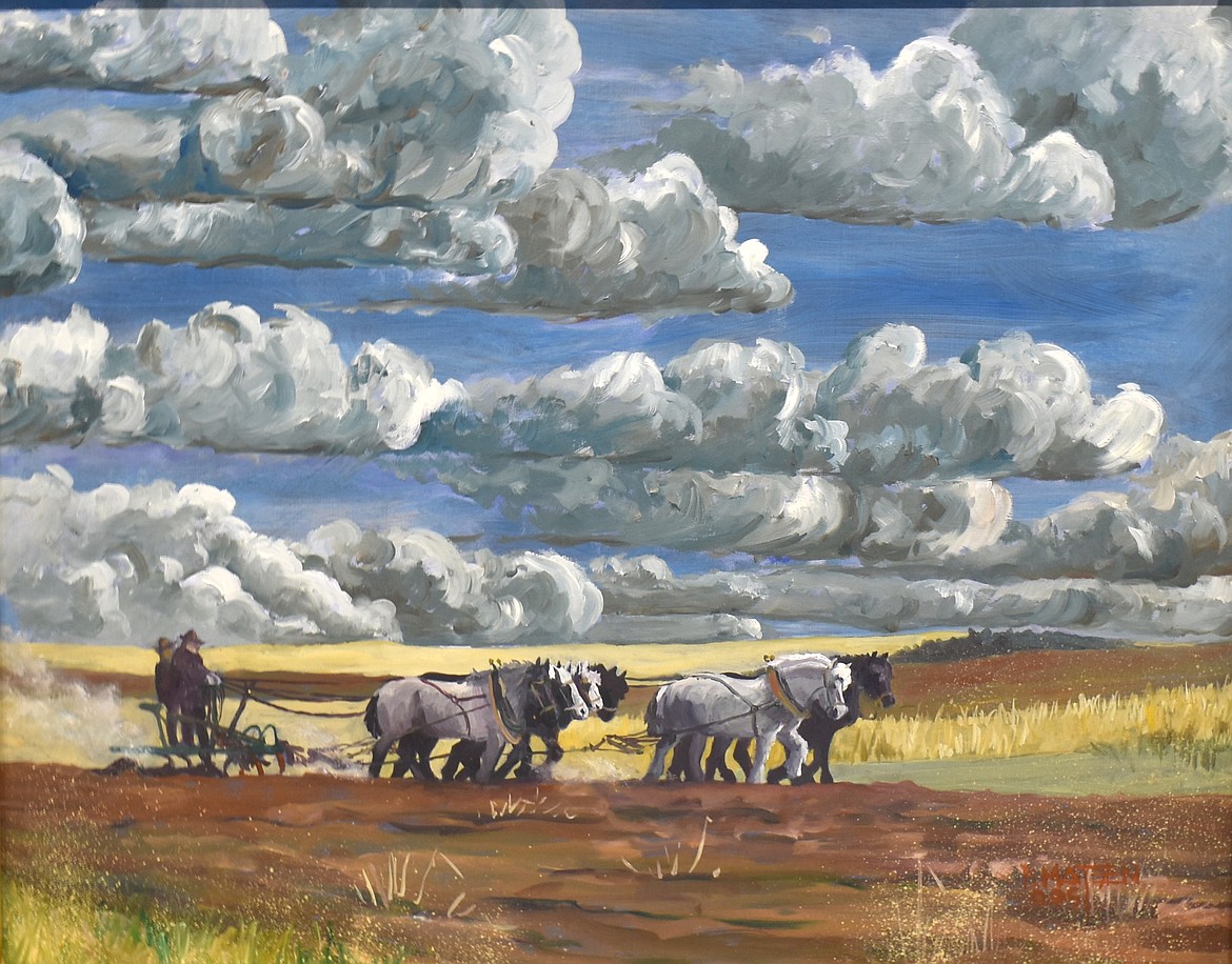 This painting of farmers plowing behind a team of horses evokes the starkness of the eastern Washington landscape.