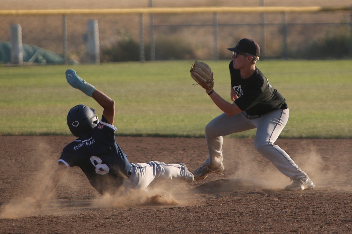 Legion second baseman Caden Correia, in black, looks toward the catcher to catch a Gonzaga Prep AA baserunner stealing during the nightcap of Friday’s doubleheader.