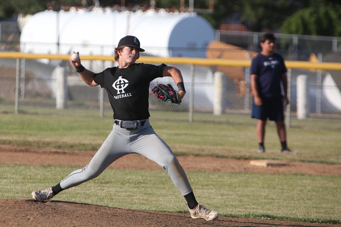 Almira/Coulee-Hartline Legion pitcher Hunter Flaa pitches to Gonzaga Prep AA in the bottom of the first inning of the second game of Friday’s doubleheader.