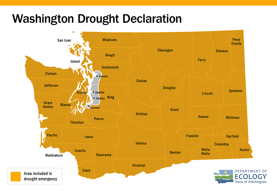 Most of the state of Washington has been in an official drought since a declaration was made in mid-April, according to the Washington Department of Ecology.