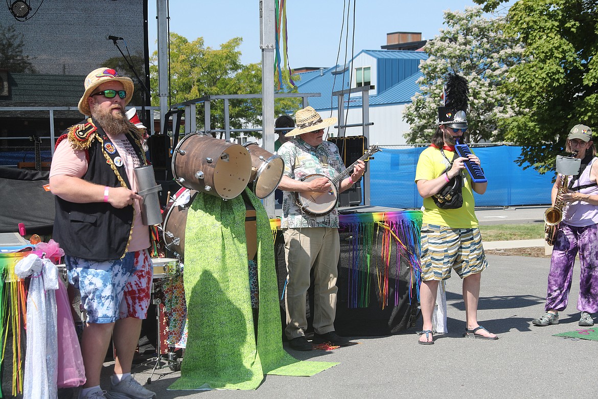 A band plays before the start of Saturday's Sandpoint Pride event. It's the fourth year for the event which aims to affirm the equality and dignity of the LGBTQI2S community and give everyone a place where their voice can be heard without judgment or anger.