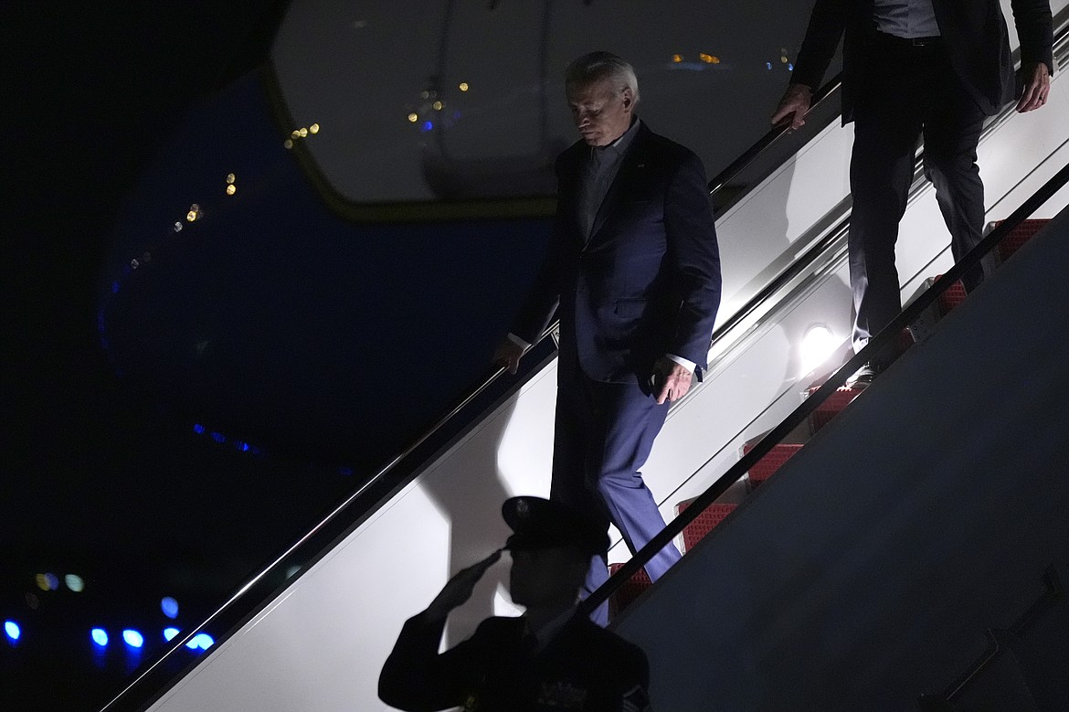 President Joe Biden arrives on Air Force One at Andrews Air Force Base, Md., Saturday, July 13, 2024. President Biden is going back to Washington from Delaware earlier than planned following the attack at the Trump rally in Pennsylvania. (AP Photo/Manuel Balce Ceneta)