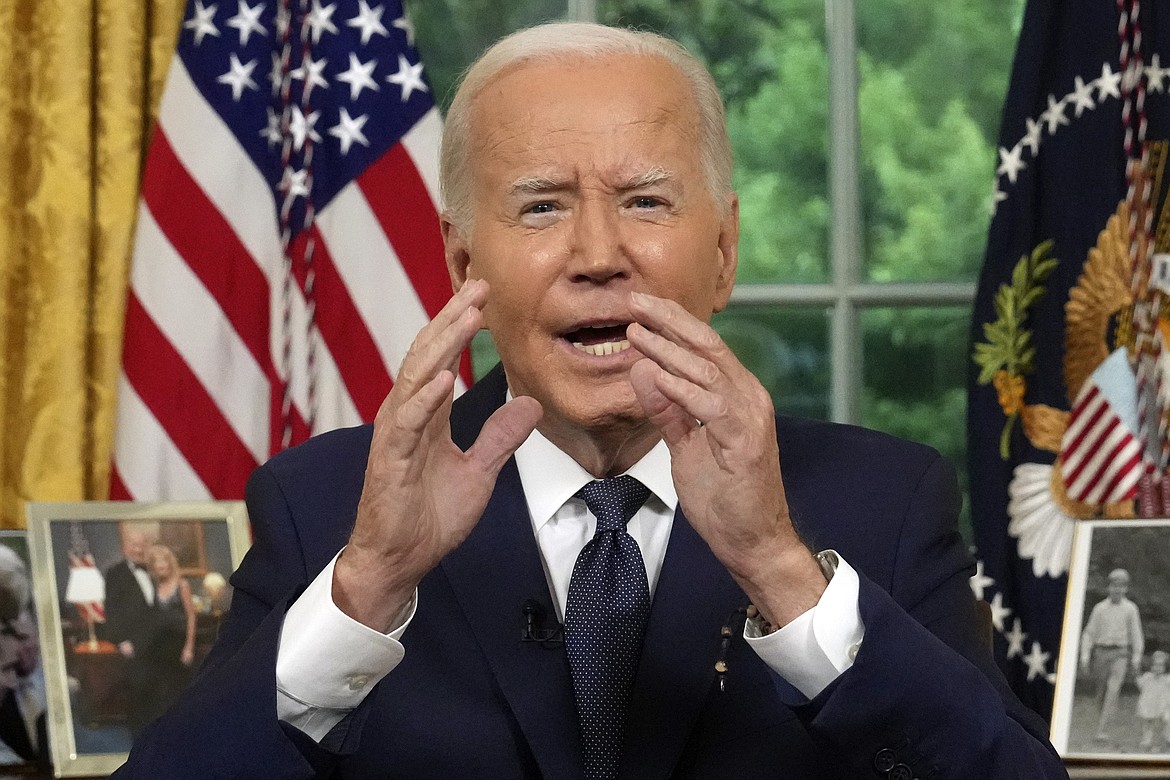 President Joe Biden addresses the nation from the Oval Office of the White House in Washington, Sunday, July 14, 2024, about the assassination attempt of Republican presidential candidate former President Donald Trump at a campaign rally in Pennsylvania. (Erin Schaff/The New York Times via AP, Pool)