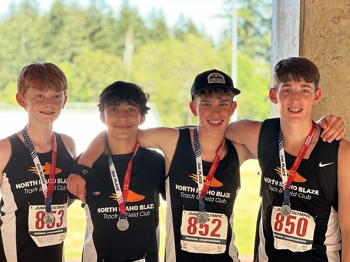 Courtesy photo
The boys age 13-14 4x400-meter relay team from the Coeur d'Alene-based North Idaho Blaze Track Club finished second at the recent Region 13 Championships (Washington, Oregon, Idaho) at Mt. Hood Community College in Gresham, Ore., in 4 minutes, 1.33 seconds. That qualified the team for the USATF National Junior Olympic Track & Field championships July 22-28 in College Station, Texas. From left are Wyatt Matous, Cruz Andrich, Riley Lechleitner and Chandler Glassmoyer.