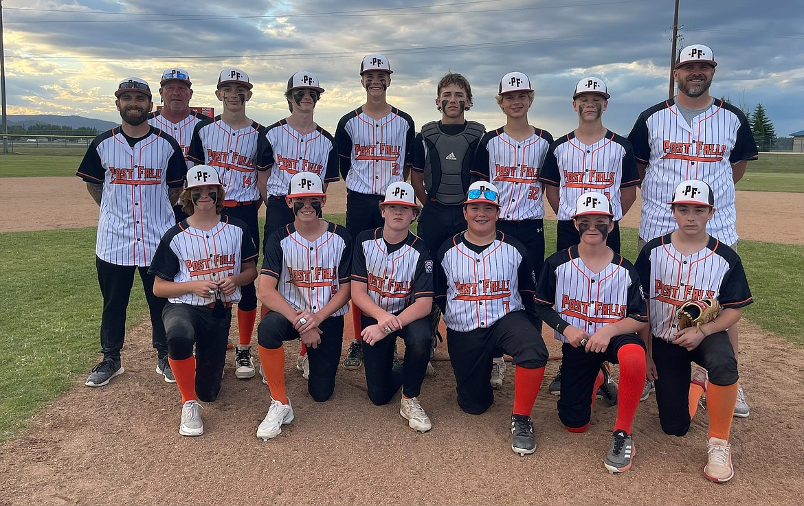 Courtesy photo
Post Falls won the Little League Juniors (ages 12-14) District 1 championship recently, and with no opposition from District 2, advances directly to the West Regional in Bend, Ore., July 24-Aug. 1. In the front row from left are Gavin Ahlgren, Ian Tandy, Brody McCullough, Jack Rigler, Jacob Wilson and Parker Hanson; and back row from left, coach Tim LaFountain, manager Gordon Ahlgren, Damian LaFountain, Findlay O’Dell, Dylan Vranich, Jaden Gamet, Porter Isitt, Sam Murphy and coach JJ O’Dell.