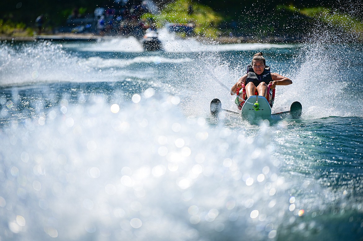 Katie Newman rides an adaptive water ski during DREAM Adaptive Recreation's Echo Lake Watersports Days on Tuesday, July 16. (Casey Kreider/Daily Inter Lake)