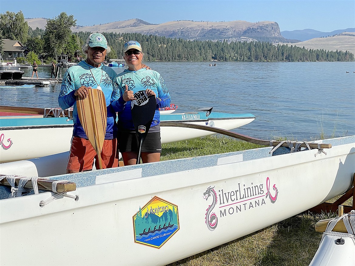 Nan Condit, president of Silver Lining Foundation, poses with Hawaiian elder Kimokeo Kapahulehua at the Montana Canoe Club in Big Arm. (Courtesy photo)