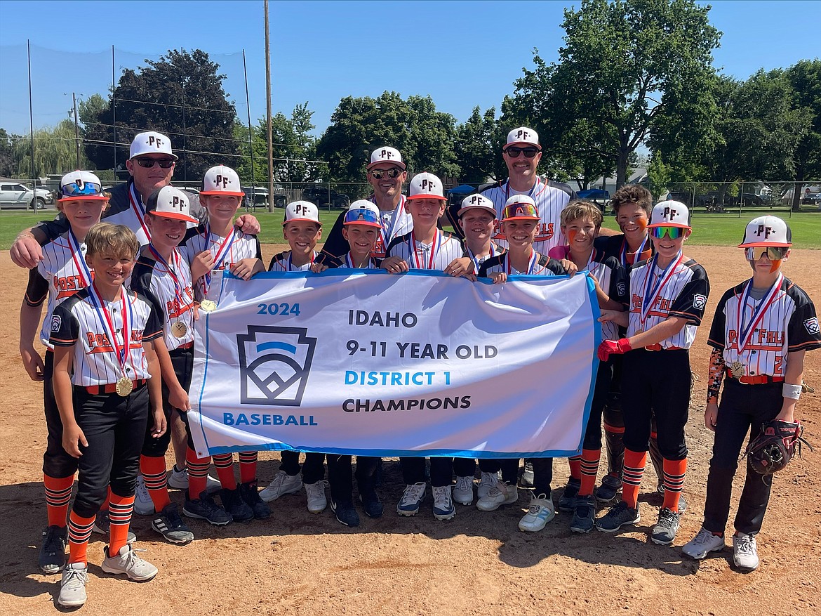 Courtesy photo
Post Falls won the 11U District 1 baseball championship last weekend to advance to the best-of-3 state playoffs this weekend at Canfield Sports Complex in Coeur d'Alene. Post Falls will play Southwest Ada of Meridian, Boise and Kuna in Game 1 on Friday at 5:30 p.m., Game 2 on Saturday at 9:30 a.m. and Game 3, if necessary, on Sunday at 9:30 a.m. In the front row from left are Judah Cope, Grady Forkner and Jase Vankeirsbulck; middle row from left, Jackson Martinez, Ethan Squires, Lawson Leandro, Landon Schilling, Payton Farrar, Brayden Drapeau, Noah Nichols, Clyde Stokes, Evan Ruth and Emmett Longtain; and back row from left, manager Steve Vankeirsbulck, coach Jeff Cope and coach Dan Forkner.