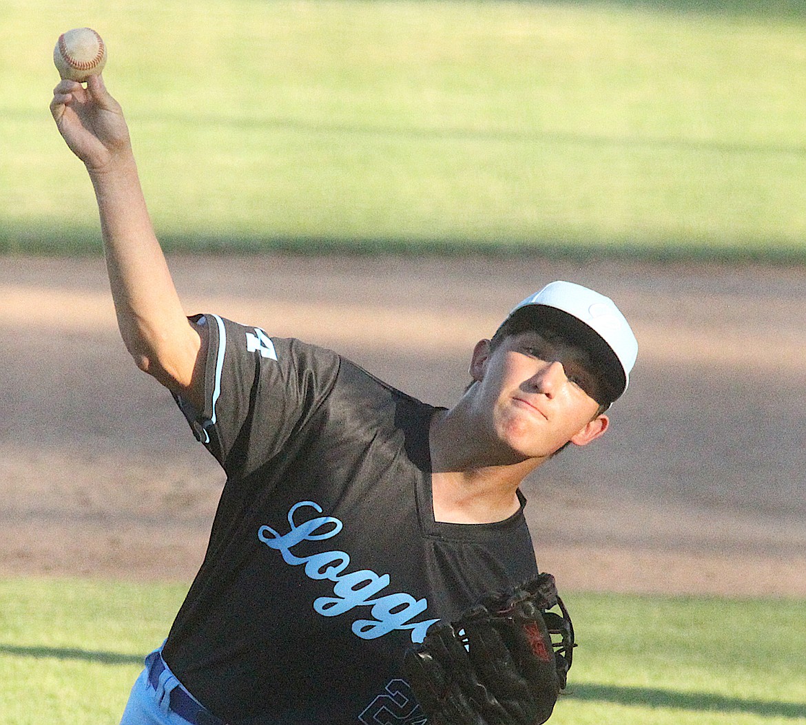 Libby American Legion baseball player Isaac Lamere delivers the 1-1 pitch to Flathead As player Gavin Knapp in the top of the eighth inning during a game on Monday, July 15, 2024. The Loggers won 11-7 in the final home game of the season. (Paul Sievers/The Western News)