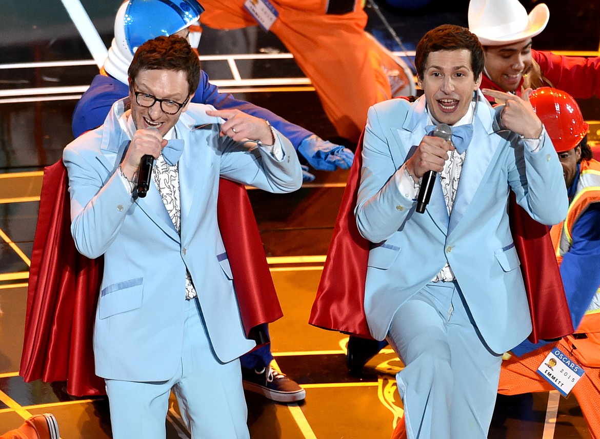 Akiva Schaffer, left, and Andy Samberg of The Lonely Island perform on stage at the Oscars on Feb. 22, 2015, at the Dolby Theatre in Los Angeles.