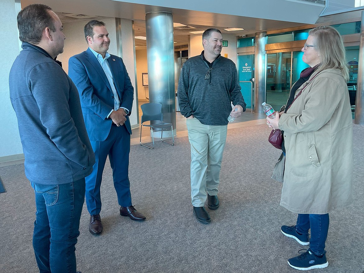 Grant County Commissioner Rob Jones, second from left, at an event at the Port of Moses Lake in March. Jones is running for a second term on the commission. Also pictured are, from left, Richard Hanover, port business development director, Brant Mayo, director of the Grant County Economic Development Council and Debbie Doran-Martinez, director of the Moses Lake Chamber of Commerce.