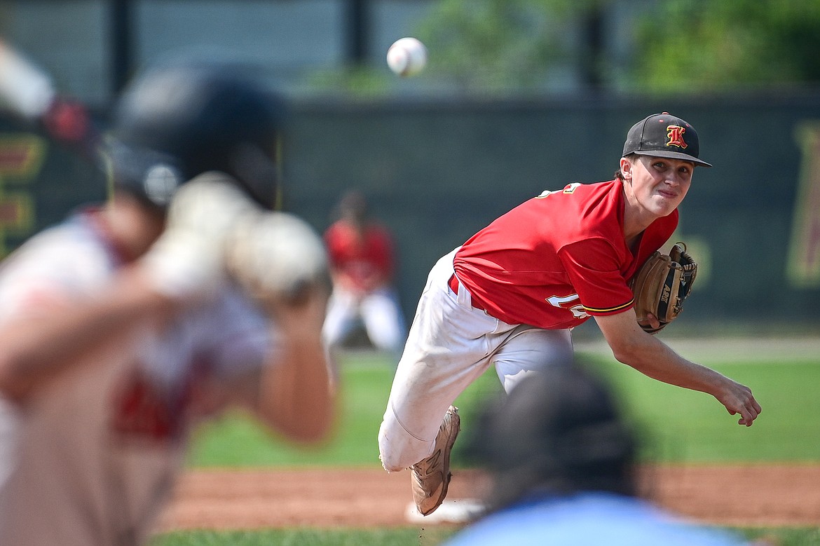 Lakers AA starting pitcher Carter Schlegel (5) delivers against the Billings Scarlets at Griffin Field on Thursday, July 18. (Casey Kreider/Daily Inter Lake)