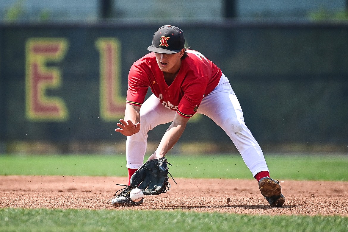 Lakers AA second baseman Ostyn Brennan (10) fields a grounder against the Billings Scarlets at Griffin Field on Thursday, July 18. (Casey Kreider/Daily Inter Lake)