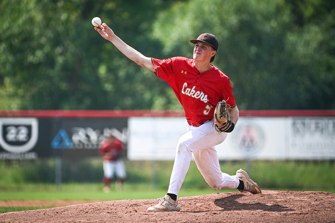 Lakers AA starting pitcher Carter Schlegel (5) delivers against the Billings Scarlets at Griffin Field on Thursday, July 18. (Casey Kreider/Daily Inter Lake)