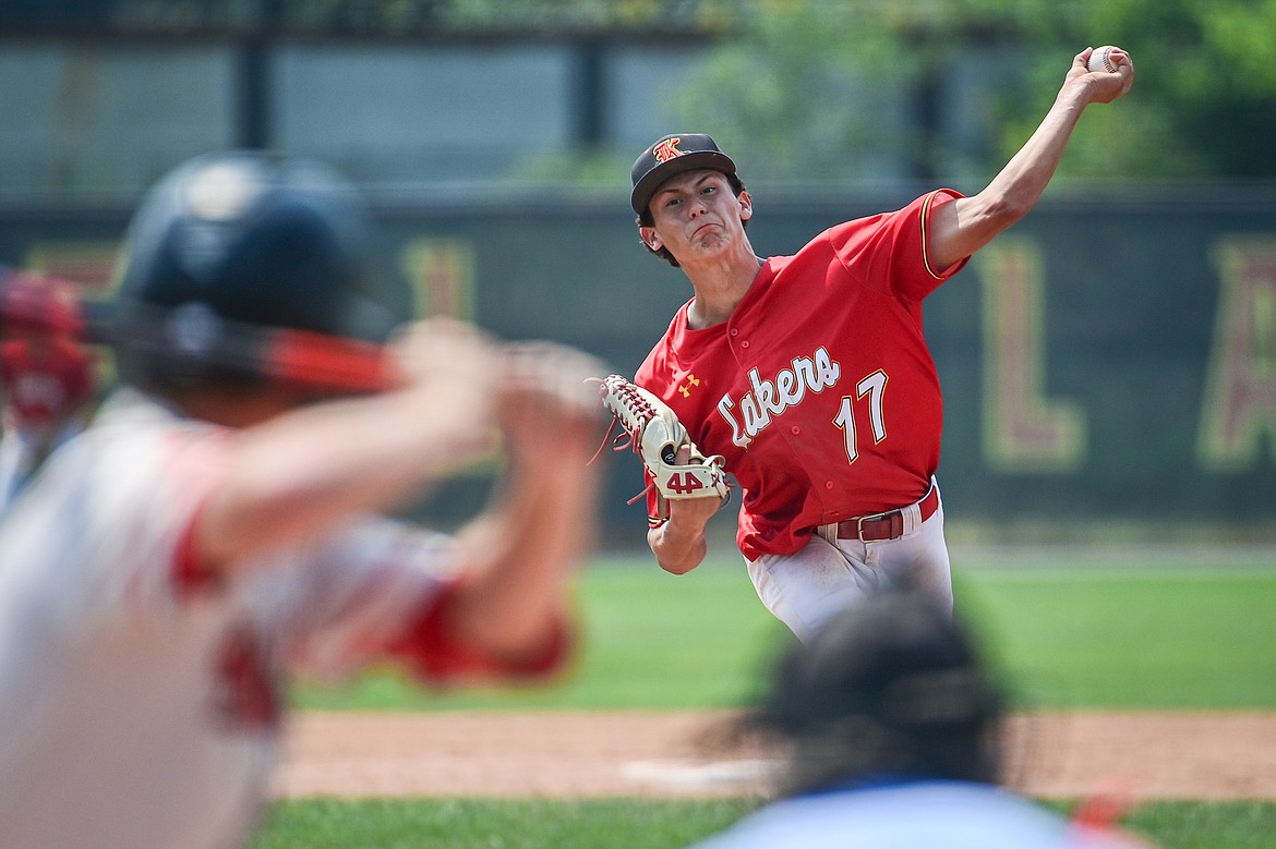 Lakers AA pitcher Bryce Buckmaster (17) delivers against the Billings Scarlets at Griffin Field on Thursday, July 18. (Casey Kreider/Daily Inter Lake)