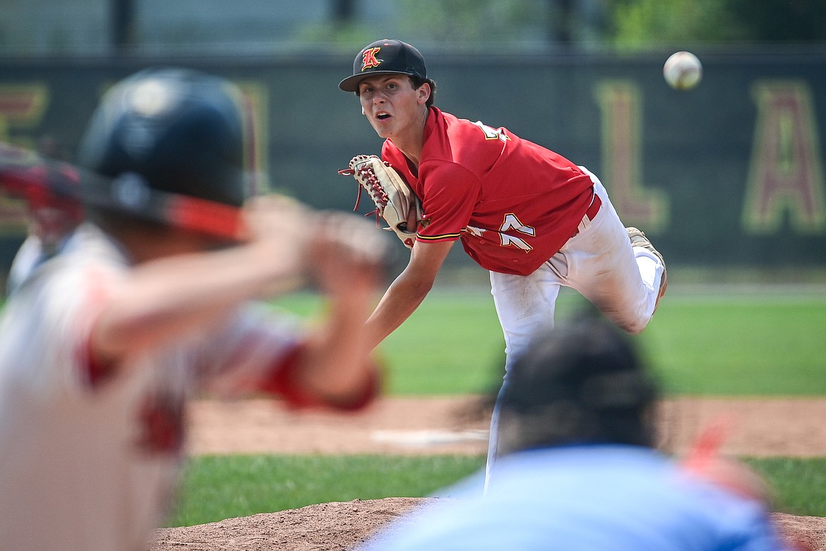 Lakers AA pitcher Bryce Buckmaster (17) delivers against the Billings Scarlets at Griffin Field on Thursday, July 18. (Casey Kreider/Daily Inter Lake)