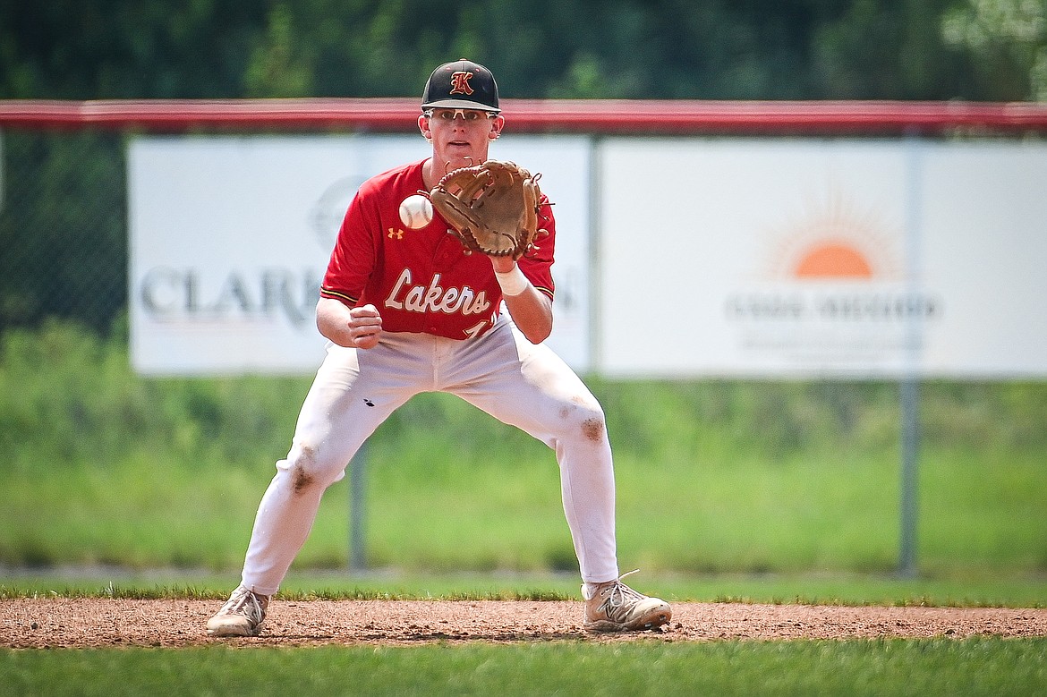 Lakers AA third baseman Luke Nikunen (12) fields a grounder against the Billings Scarlets at Griffin Field on Thursday, July 18. (Casey Kreider/Daily Inter Lake)